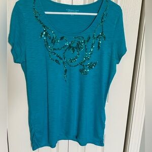 Coldwater Creek Women's Teal Sequin Embellished Cap Sleeve Top    Size Medium